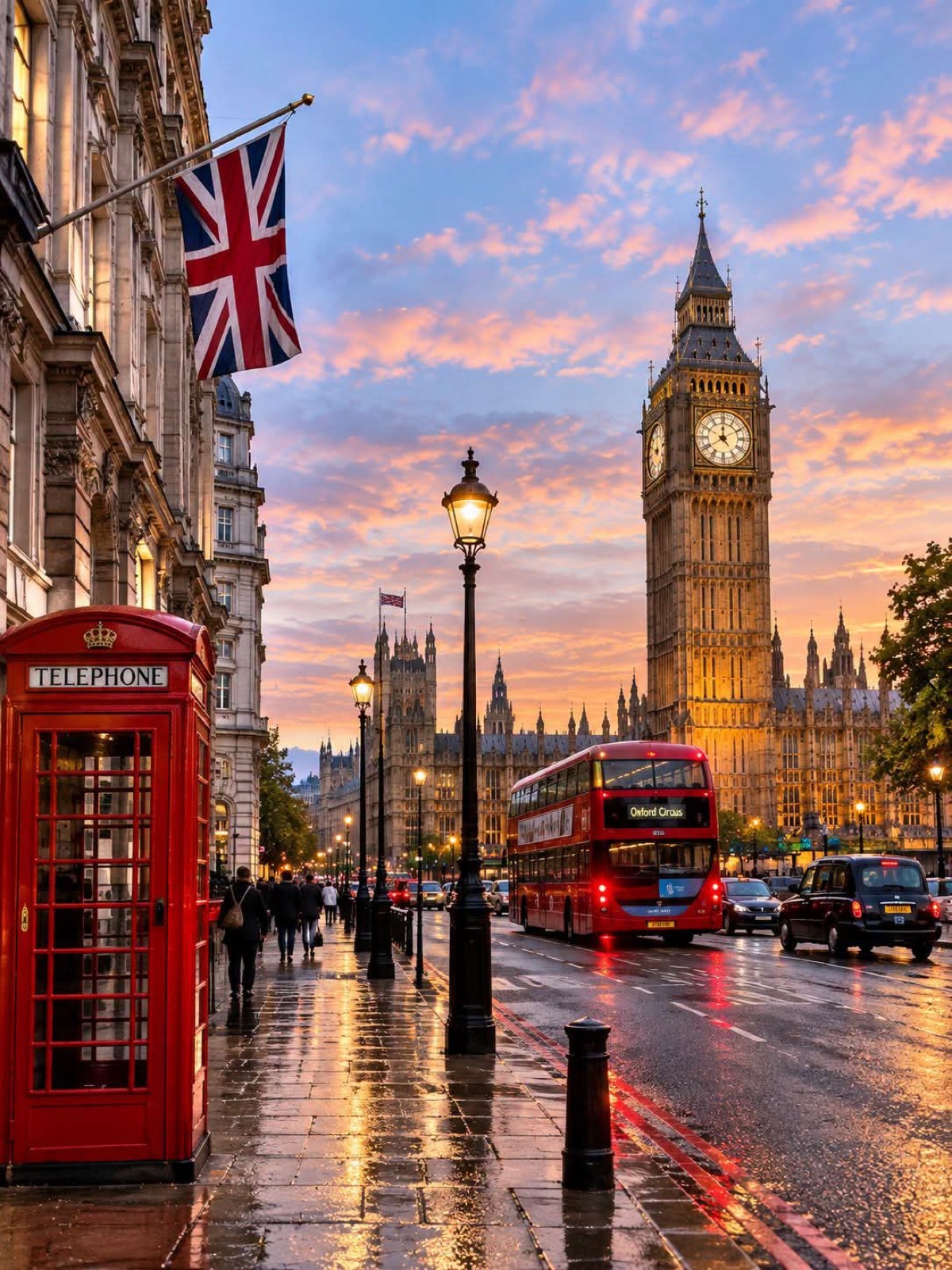 A red telephone box and bus on Whitehall with Big Ben at sunset