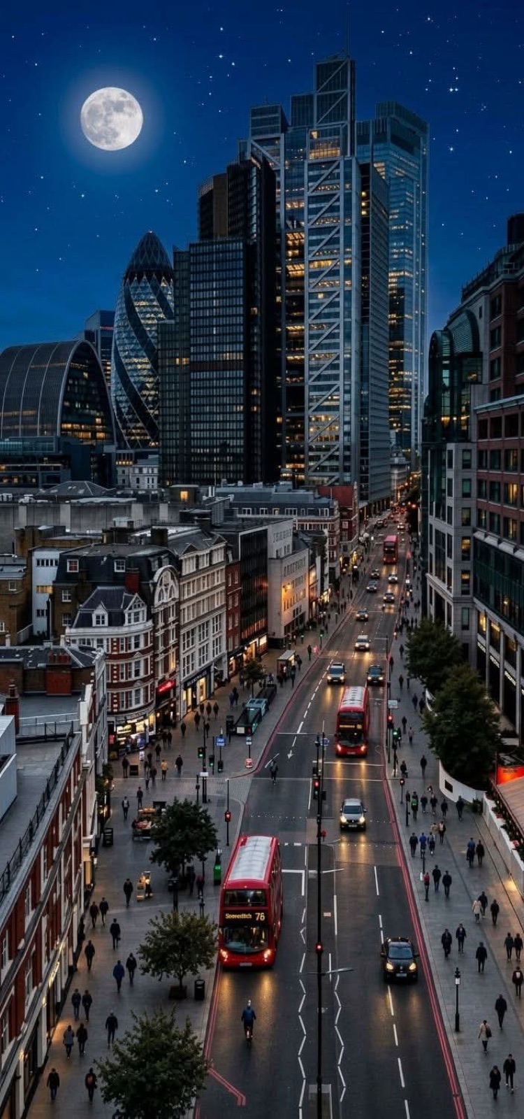 The City of London skyline at night under a full moon