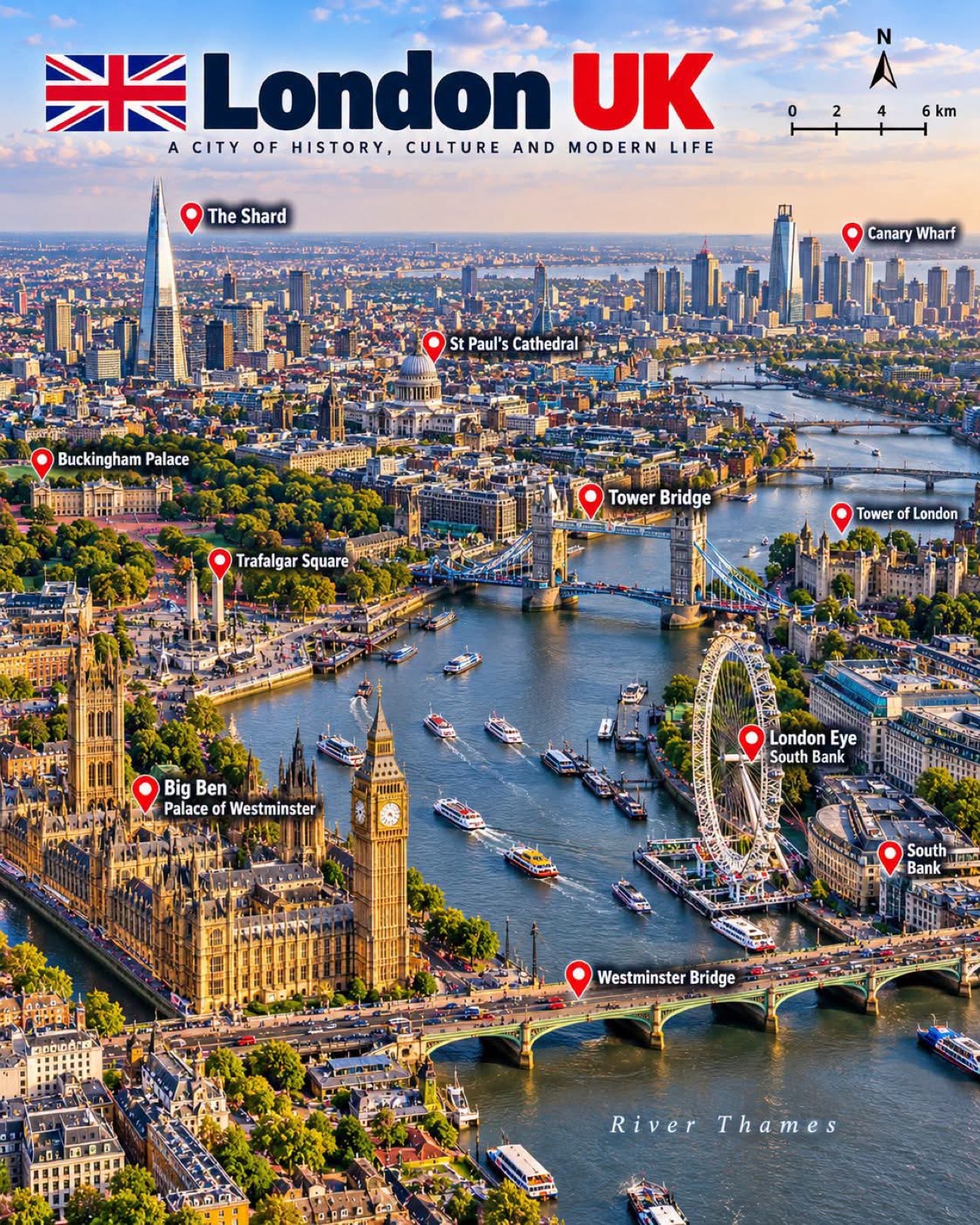Illustrated aerial map of central London with landmarks marked along the Thames