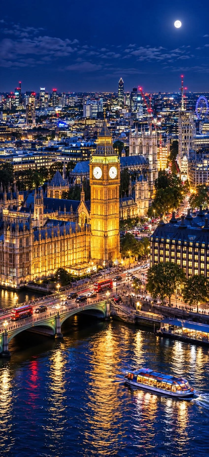 The Houses of Parliament and Westminster Bridge lit up at night